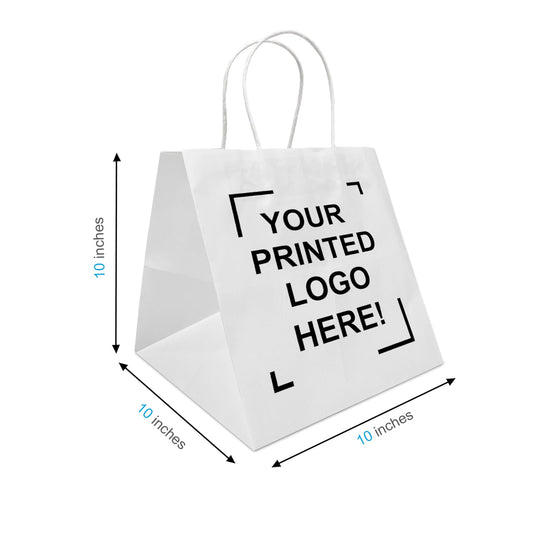 Cube, 10.5x10.5x10.5 inches, White Kraft Paper Bags, with Twisted Handle, Full Color Custom Print