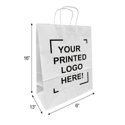 Traveler, 13x6x16 inches, White Kraft Paper Bags, with Twisted Handle, Full Color Custom Print