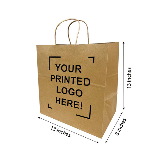 Take Out 13x8x13 inches Kraft Paper Bags Cardboard Insert Twisted Handles; Full Color Custom Print, Printed in Canada