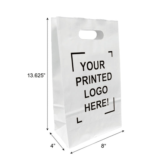 Pub, 8x4x13 5/8 inches, White Paper Bags, with Die Cut Handles, Custom Print in Canada