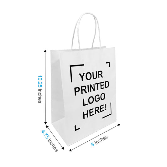 Cub, 8x4.75x10.25 inches, White Kraft Paper Bags, with Twisted Handle, Full Color Custom Print